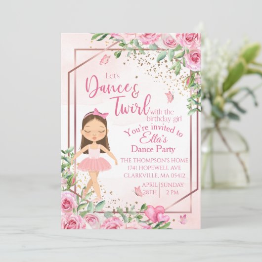 Ballerina dans pink aquarel verjaardag  kaart (Staand voorkant)