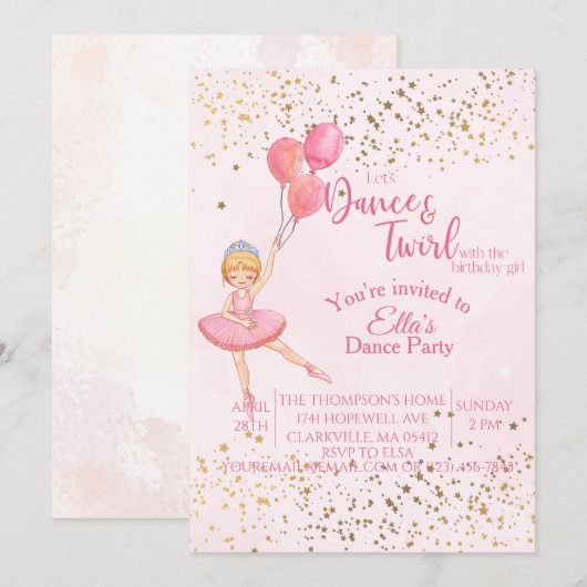 Ballerina dans roze waterverf verjaardag kaart (Voorkant / Achterkant)
