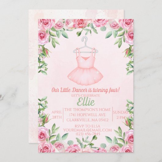 Ballerina dans roze waterverf verjaardag kaart (Voorkant / Achterkant)