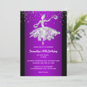 Ballerina dansen glitter paarse meisjes feest kaart (Staand voorkant)