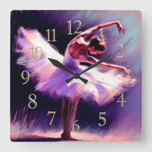 Ballerina danser Posing pastel tekening Paarse bla Vierkante Klok