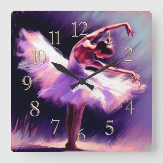 Ballerina danser Posing pastel tekening Paarse bla Vierkante Klok (Voorkant)