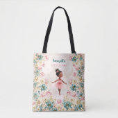 Ballerina Dark Skin Meisje Roze Blauwgroen Bloemen Tote Bag (Voorkant)