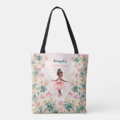 Ballerina Dark Skin Meisje Roze Blauwgroen Bloemen Tote Bag (Achterkant)
