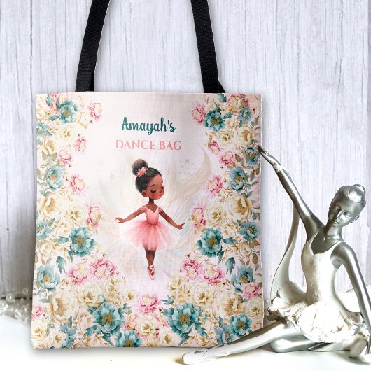 Ballerina Dark Skin Meisje Roze Blauwgroen Bloemen Tote Bag