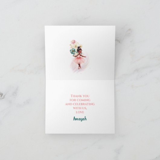 Ballerina Dark Skin Roze Blauwgroen Bloemen Verjaa Bedankkaart (Binnen)