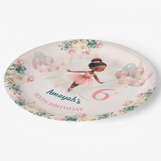 Ballerina Dark Skin Roze Blauwgroen Bloemen Verjaa Papieren Bordje (Gekanteld)