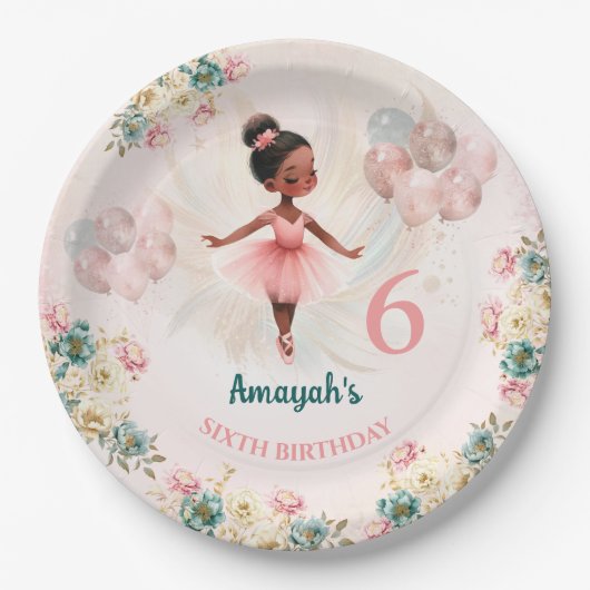 Ballerina Dark Skin Roze Blauwgroen Bloemen Verjaa Papieren Bordje (Voorkant)