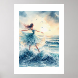 Ballerina die op de oceaan danst poster