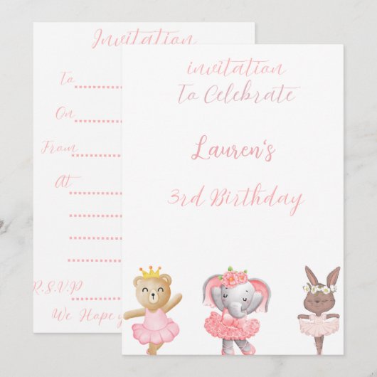 Ballerina "Dieren" 3e verjaardag uitnodiging (Voorkant / Achterkant)
