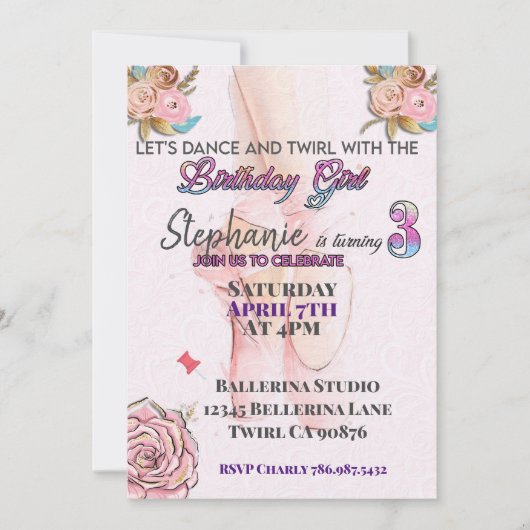 Ballerina draaien 3 verjaardag uitnodiging (Voorkant)