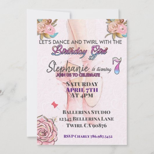 Ballerina draaien 7 verjaardag uitnodiging (Voorkant)