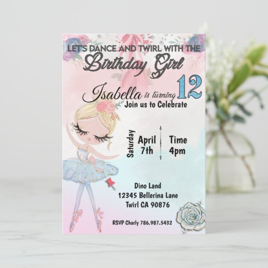 Ballerina draaien twaalf verjaardag uitnodiging (Staand voorkant)