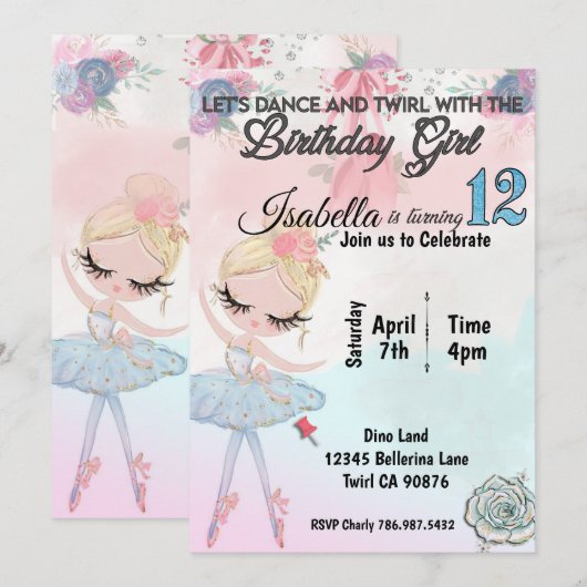 Ballerina draaien twaalf verjaardag uitnodiging (Voorkant / Achterkant)