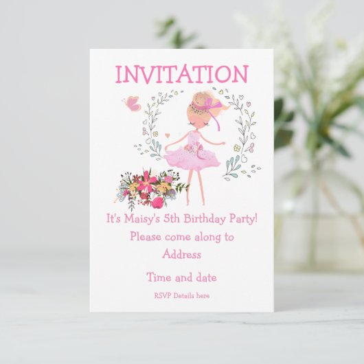 Ballerina en Floral Design Verjaardag Uitnodigen Kaart (Staand voorkant)