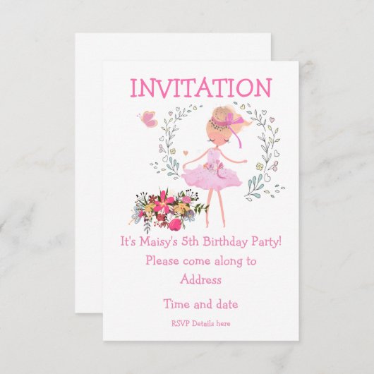 Ballerina en Floral Design Verjaardag Uitnodigen Kaart (Voorkant / Achterkant)