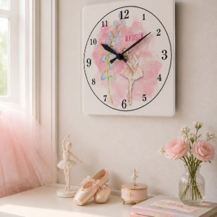 Ballerina en lelietje-van-dalen bloemmotief op roz vierkante klok