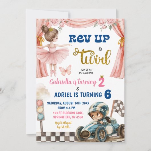 Ballerina en raceauto's gezamenlijke verjaardag kaart (Voorkant)