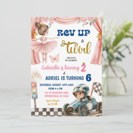 Ballerina en raceauto's gezamenlijke verjaardag kaart (Staand voorkant)