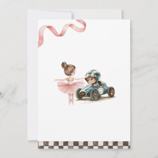 Ballerina en raceauto's gezamenlijke verjaardag kaart (Achterkant)