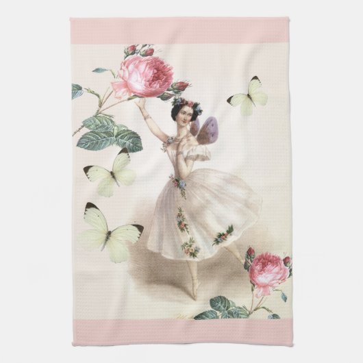 Ballerina Fairy met roze grenzen Theedoek (Verticaal)