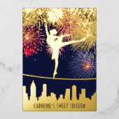 Ballerina Fireworks Skyline Sweet 16 Blue Gold Folie Uitnodiging (Voorkant)