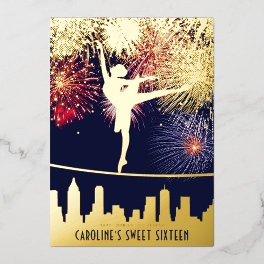 Ballerina Fireworks Skyline Sweet 16 Blue Gold Folie Uitnodiging (Voorkant)
