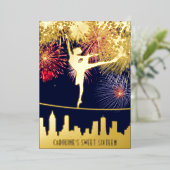 Ballerina Fireworks Skyline Sweet 16 Blue Gold Folie Uitnodiging (Staand Voorkant)