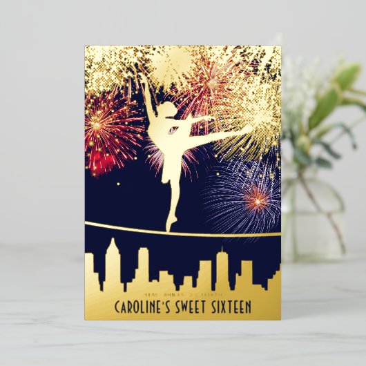 Ballerina Fireworks Skyline Sweet 16 Blue Gold Folie Uitnodiging (Staand Voorkant)