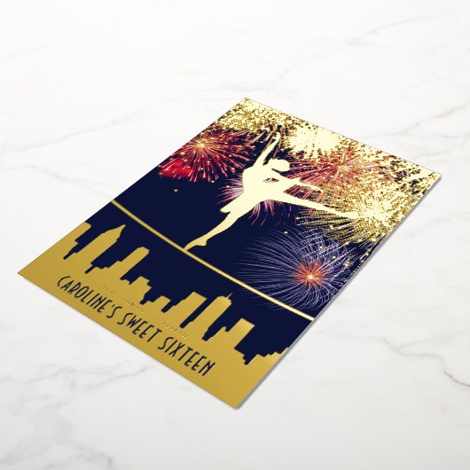 Ballerina Fireworks Skyline Sweet 16 Blue Gold Folie Uitnodiging (Gedraaid)