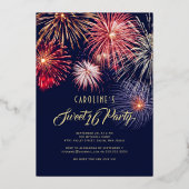 Ballerina Fireworks Skyline Sweet 16 Blue Gold Folie Uitnodiging (Achterkant)