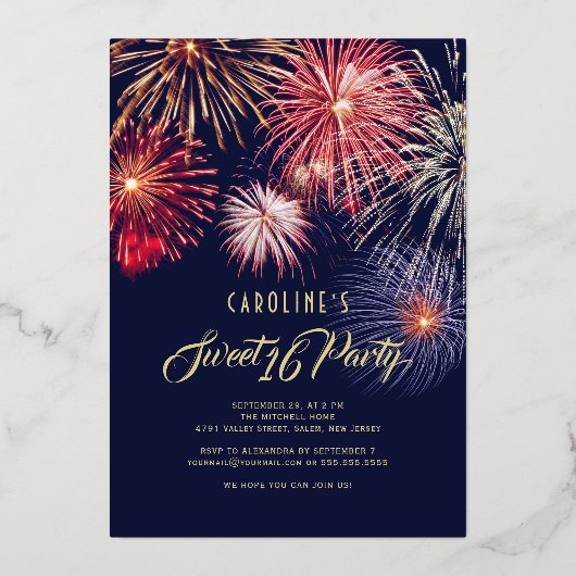 Ballerina Fireworks Skyline Sweet 16 Blue Gold Folie Uitnodiging (Achterkant)