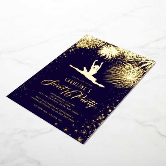 Ballerina Fireworks Stars Sparks Sweet 16 Gold Folie Uitnodiging (Gedraaid)