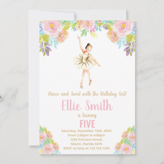 Ballerina Floral Birthday-uitnodigingen Kaart (Voorkant)