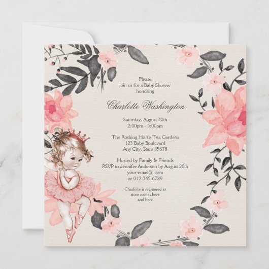 Ballerina Floral Waterverf Wreath Baby shower Kaart (Achterkant)