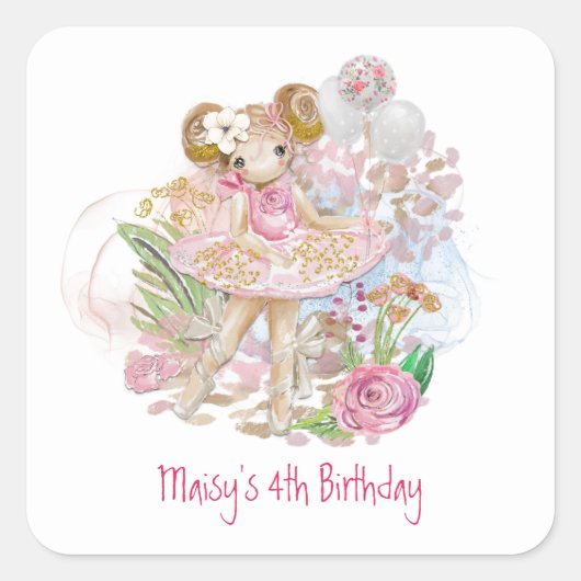 Ballerina Florals Roze Meisje 4e Verjaardagsfeest Vierkante Sticker (Voorkant)