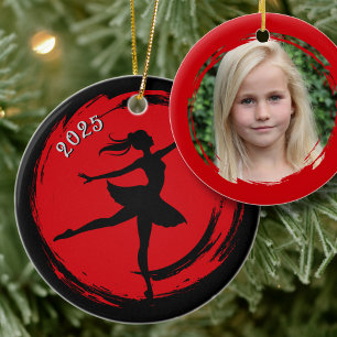 Ballerina Gedateerd Zwart en Rood Foto Ornament
