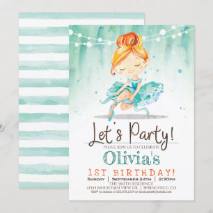 Ballerina Girl Mint Birthday Party Invitation Kaart