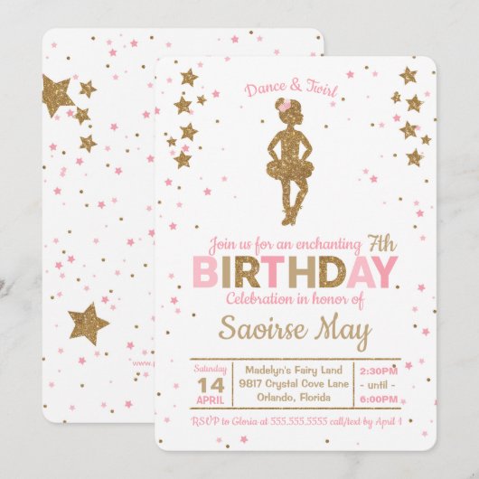 Ballerina Glitter Ballet Birthday Uitnodiging (Voorkant / Achterkant)