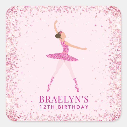 Ballerina Glitter Confetti Verjaardag Ontwerp Vierkante Sticker (Voorkant)