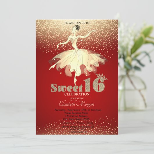 Ballerina, Gold Confetti Glitter Red Sweet 16 Kaart (Staand voorkant)