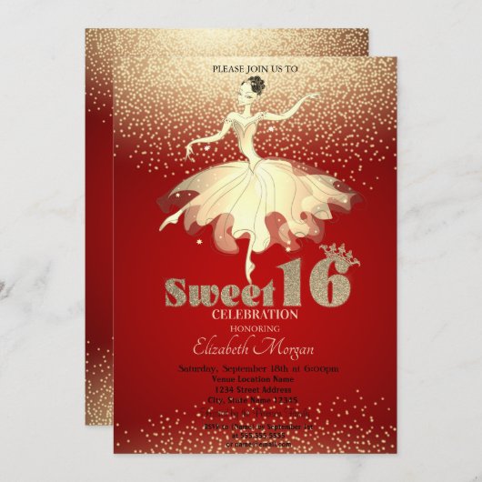 Ballerina, Gold Confetti Glitter Red Sweet 16 Kaart (Voorkant / Achterkant)