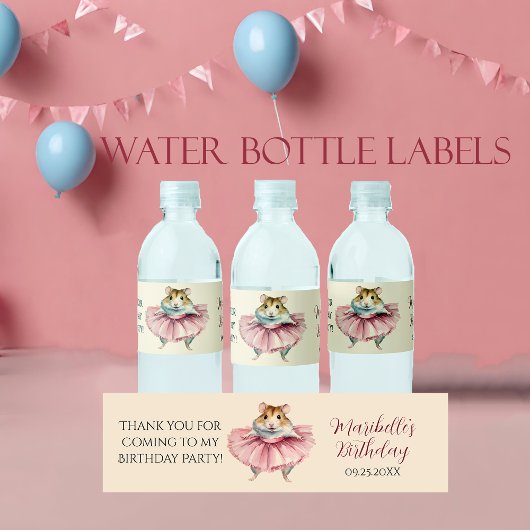 Ballerina Hamster Meisjes Verjaardagsfeest Waterfles Etiket