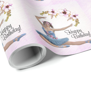 Ballerina in Blauw op Roze Persoonlijke verjaardag Cadeaupapier