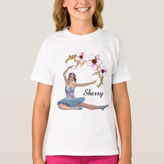 Ballerina in Blue Personal Name Pink Flowers T-shirt (Voorkant)