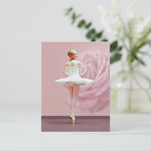 Ballerina in het wit met roze Rose Briefkaart (Staand voorkant)