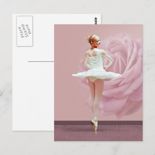 Ballerina in het wit met roze Rose Briefkaart (Voorkant / Achterkant)