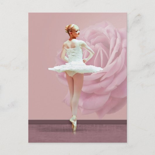 Ballerina in het wit met roze Rose Briefkaart (Voorkant)