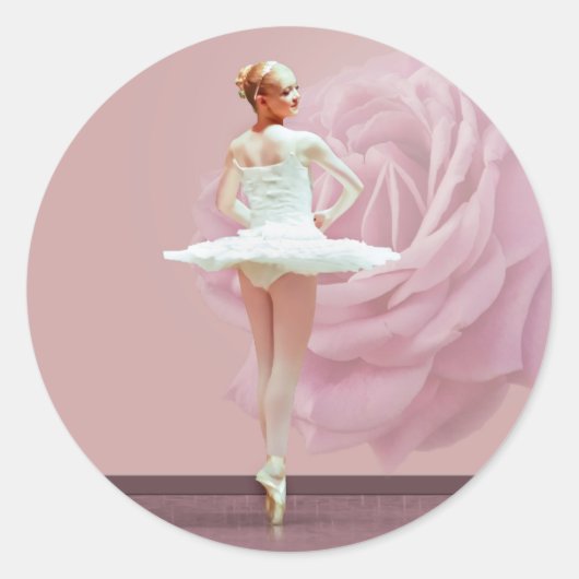 Ballerina in het wit met roze Rose Ronde Sticker (Voorkant)