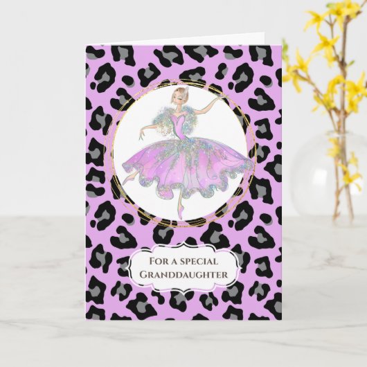 Ballerina in roze kleindochter verjaardag luipaard kaart (Gele Bloem)